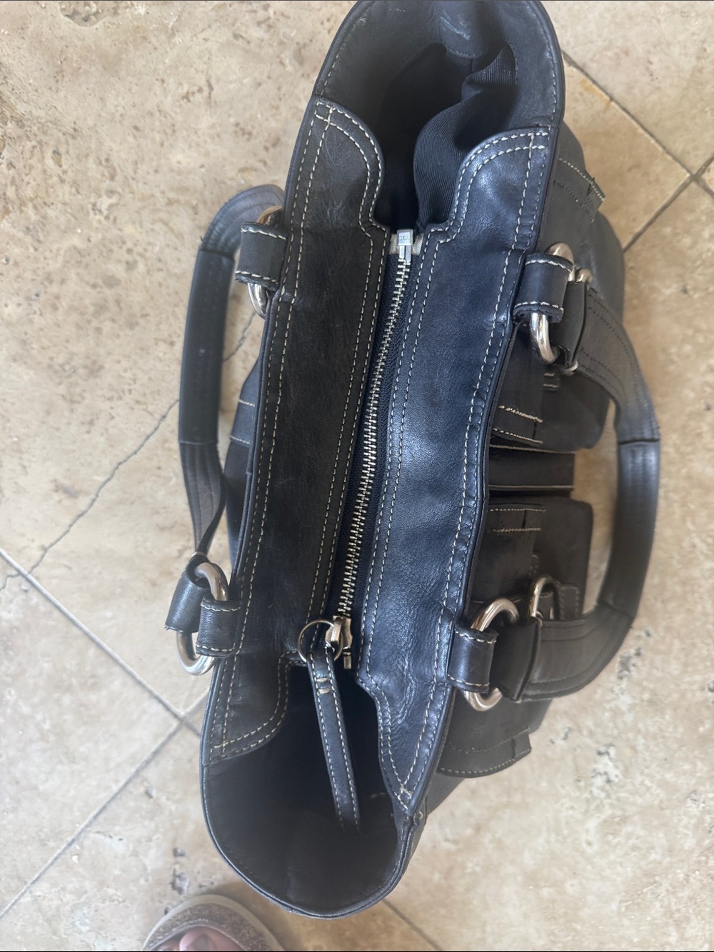 COACH Soho, leather double pocket satchel/tote, preowned black, and silver - Picture 5 of 11